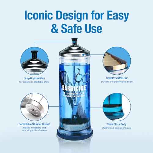 BARBICIDE Disinfecting Jar ? Durable Glass Immersion Container with Stainless Steel Lid and Tray ? Professional Salon, Spa & Barber Tool Sanitizer for Combs, Brushes & Implements - (Small - 4 Fl Oz)