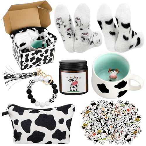 Honeydak Cow Gifts Set for Women Cow Printed Accessories Includes Makeup Bag Gift Box Cute Socks Keychain Mug Scented Candle Stickers for Christmas and Birthday Party Gifts