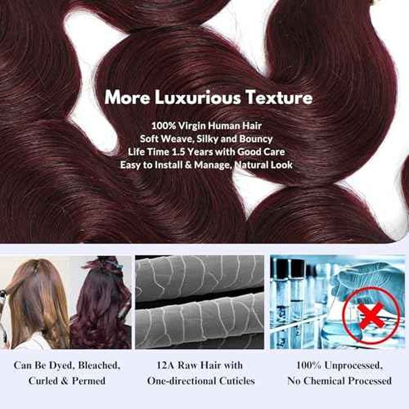 99j Dark Burgundy Body Wave 3 Bundles with 4x4 Closure Human Hair HD Lace Free Part, 12A Soft and Glossy #99j Wine Color 100% Brazilian Virgin Remy Hair Bundles with Closure 14 16 18+14 Inch
