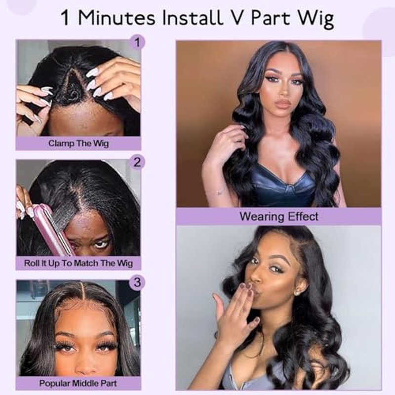 Wavy V Part Wig Wear And Go Glueless Upgrade U Part Wig Body Wave Natural Black Synthtic Hair Soft As Human Hair Half Wigs For Black Women 180% Density (Natural Color, 24 Inch)