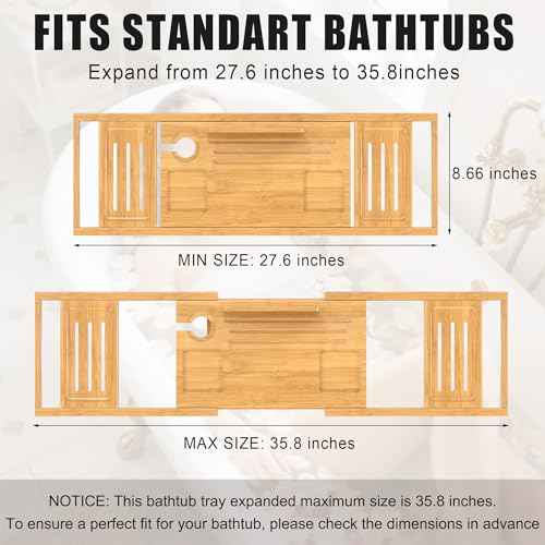 Bathtub Tray Caddy,Premium Bamboo Expandable Bath Tub Trays Table, Foldable Bathroom Accessories,Great House Warming, Anniversary and Birthday Gifts,Natural