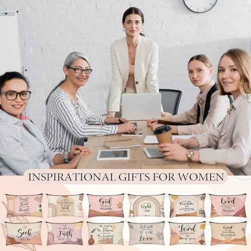 Geelin 24 Pcs Christian Gifts Bulk for Women 12 Religious Canvas Makeup Bags 12 Boho Bible Verse Compact Mirrors Inspirational Church Party Gifts for Women Mother Sister