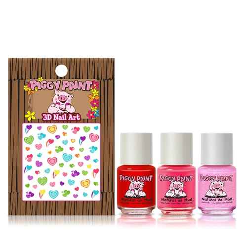 Piggy Paint | 100% Non-Toxic Girls Nail Polish | Safe, Cruelty-free, Vegan, & Low Odor for Kids | All the Heart Eyes (3 Polish + Nail Art Gift Set)