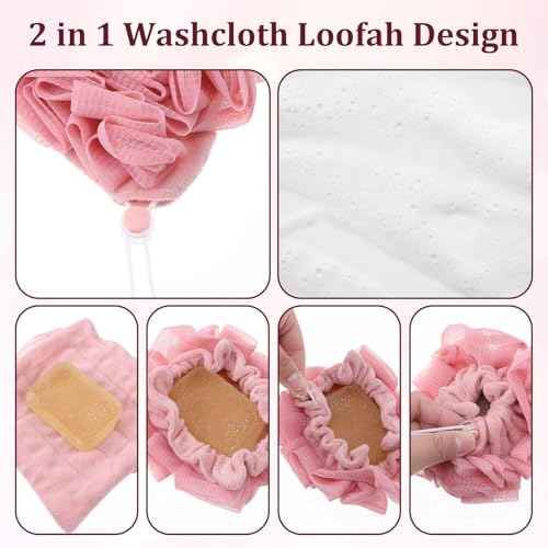 6 Pack Soap Bar Loofah, 2 in 1 Loofah Washcloth Combo, Bath Sponge with Drawstring, That Holds Bar Soap for Cleansing and Smooth Skin (6 Colors, 6.7 x 6.7 Inch)