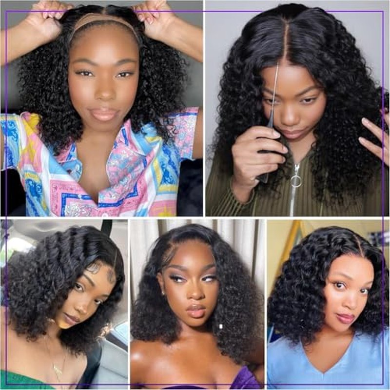 Bob Wig Human Hair Glueless Wigs Human Hair Pre Plucked Pre Cut 5x5 Short Curly Human Hair Wig For Black Women 180 Density Deep Wave Closure Wigs Human Hair 14 Inches Natural Black