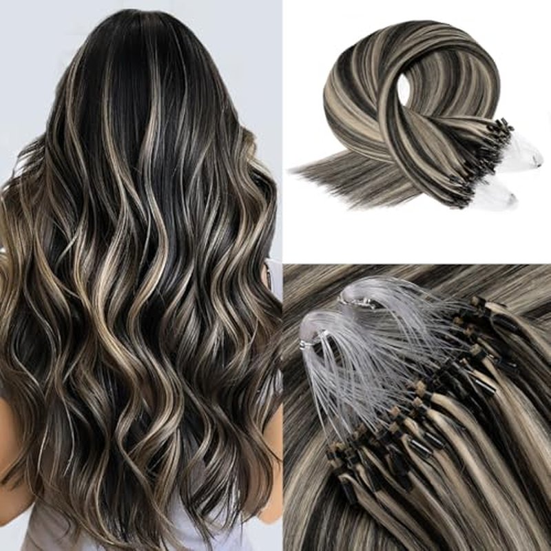 Micro Beads Hair Extensions Real Human Hair Brown Micro Loop Human Hair Extensions 16 Inch #1B/613 Straight Remy Human Hair Micro Link Hair Extension 1g/Strand 50g(#1B/613, 16inch)