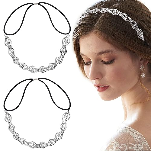 2pcs Elastic Rhinestone Headbands Sparkly Wave Head Chain Crown Alloy Disco Silver Crystal Hair Band Accessories for Wedding Prom First Communion Pageant Women Girls