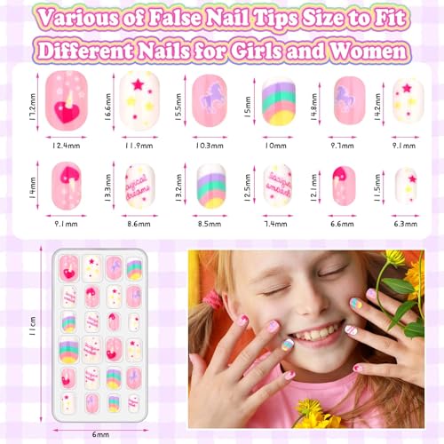 144 Pcs Press on Nails for Kids, Girls Fake Nails with Glue Kit, Cute Nails Tips with Jelly Nail Adhesive Teen Stick ons Acrylic Nails Gift Set for Girls 8-12