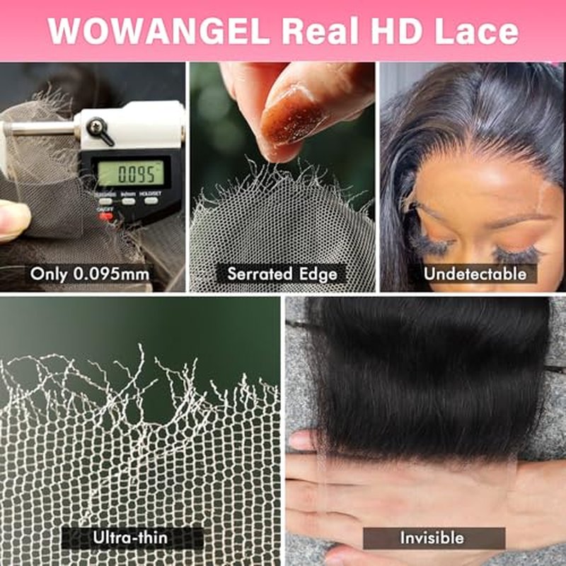 WOWANGEL 2x6 0.095mm Ultra-Thin Skinlike Real HD Lace Frontal & Closure,Body Wave Natural Hairstyles,Pre-Plucked Invisible Hairline,Unprocessed Virgin Human Hair,Invisible Knots HD Lace,16inch