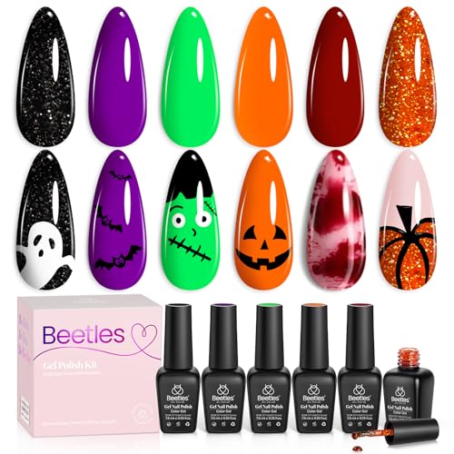 Beetles Halloween Gel Nail Polish Set - Hocus Pocus 6 Colors Gel Polish Kit, Orange Green Purple Black Red Glitter Fall Colors, Soak Off Nail Lamp UV LED Cured Nail Art Design Manicure Gift for Women