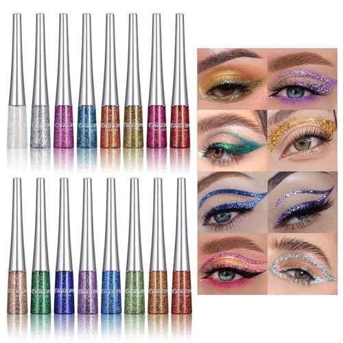 16 Colors Glitter Metallic Liquid Eyeliner Set Waterproof Long Lasting Eye Liner pencil Pigmented Shimmer Eye Makeup Gift Kit for Women Green Purple Blue Pink white Silver Gold Colored Eyeliners