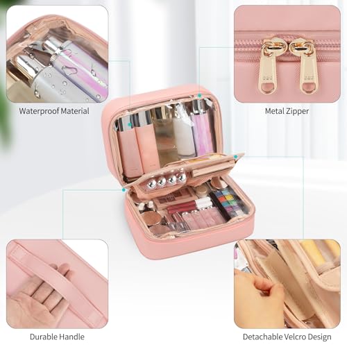 OCHEAL Makeup Bag, Makeup Travel Bag Large Capacity Cosmetic Organizer Bag with Makeup Brush Compartment & Handle for Women Girls Travel Toiletry Accessories-Pink