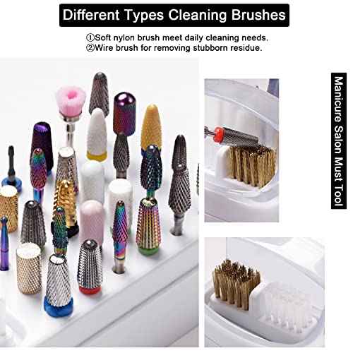 2 In 1 Nail Drill Bits Holder & Nail Drill Bits Cleaner Case,30 Holes Dustproof Nail Art Drill Bits Stand for Nails Display Organizer Container Manicure Tools (Not Include Nail Drill Bits) White