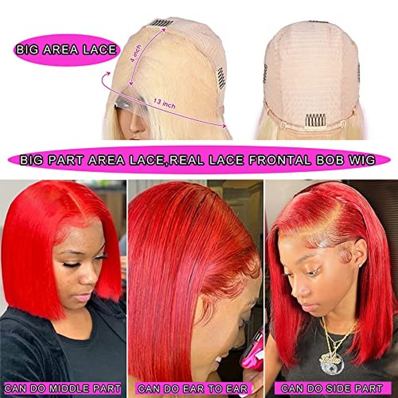 Pre Plucked HD Transparent 13X4 Straight Red Blunt Cut Bob Wig Human Hair Lace Frontal Wig With Baby Hair Natural Hairline Glueless 100% Unprocessed Human Hair Red Bob Wigs Lace Front With Black Women