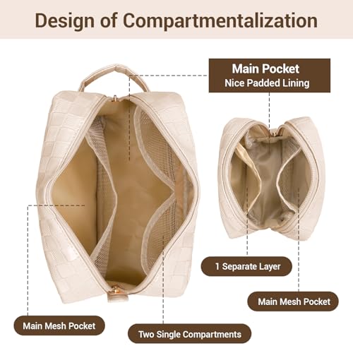 MAGEFY 2Pcs Makeup Bag, Cute Checkered Pouch with Handle, Leather Travel Makeup Pouches for purse Make Up Bag for Cosmetic, Lipstick,Beige