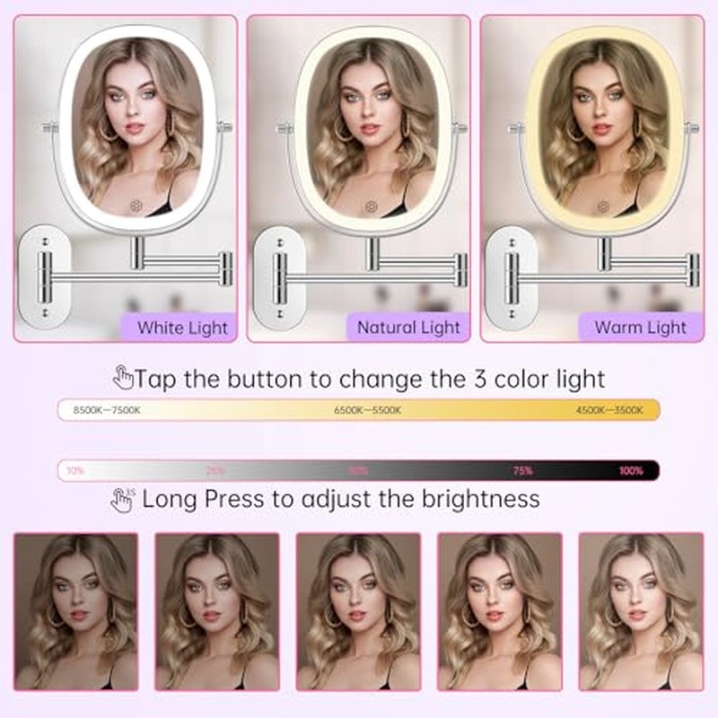 FUNTOUCH 30X/1X Wall Mounted Makeup Mirror,Rechargeable Double Sided Touch Switch Rectangle Oval Wall Mounted Magnifying Mirror with Light, 3 Color Setting,Extended Arm 360¡ÆFoldable, Nickel