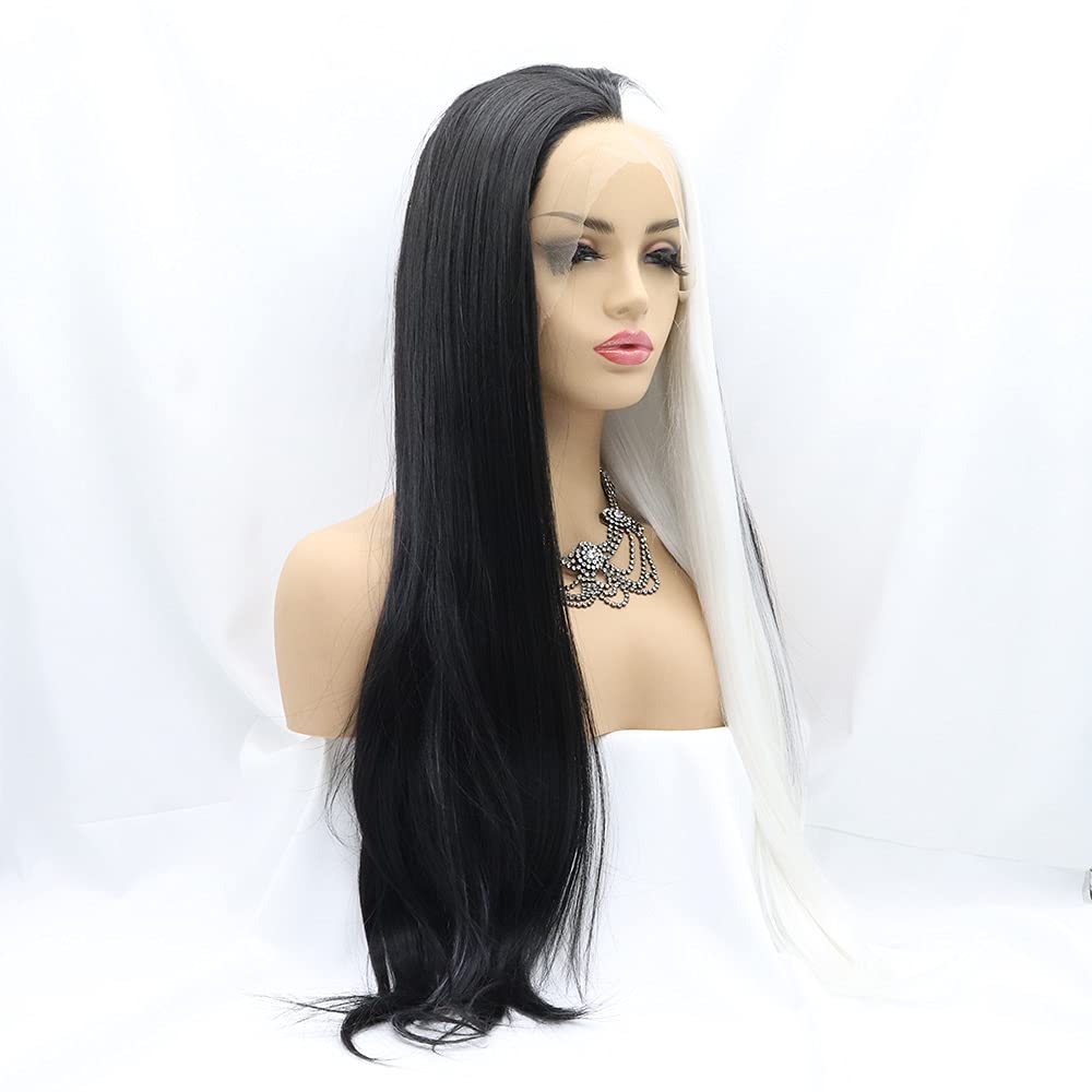Sylvia 24inches Half Balck and Half White 2 Tones Side Parting Naural Glueless Hairstyle Heat Resistant Synthetic Lace Front wigs for Women