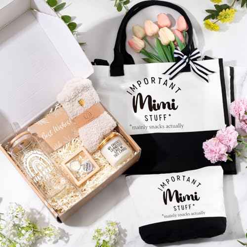 Mimi Gifts, Mothers Day Gifts For Grandma Mimi, Best Grandmother Gift Set from Granddaughter Grandkids - Unique Canvas Tote Bag Makeup Bag 16oz Glass Tumbler Care Package for Women