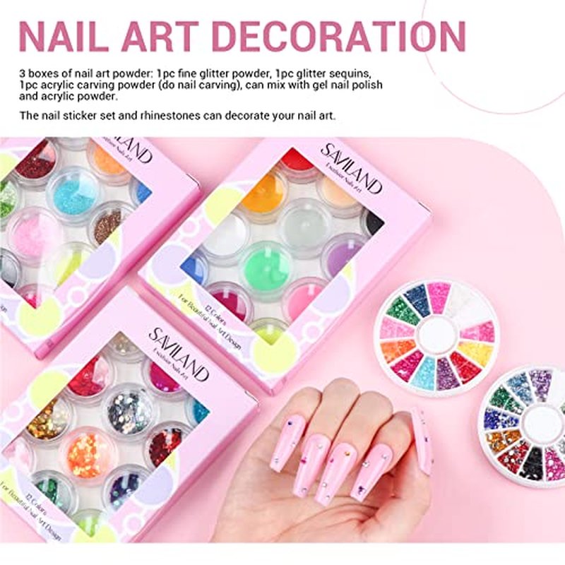 SAVILAND Acrylic Nail Kit with Nail Drill: Nails Kit Acrylic Set Professional Acrylic with Everything U V Light Nail Art Brush Glitter Nail Powder Nail Stuff for Home DIY Salon Use Christmas Gift Set
