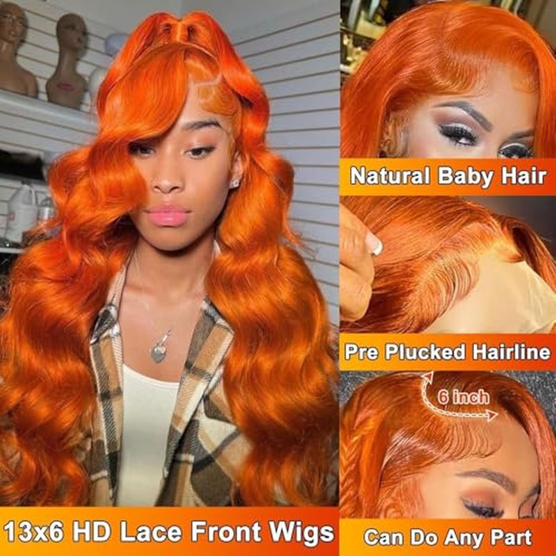 20 Inch Ginger Orange 13x6 Body Wave Lace Front Wigs Human Hair 200% Density Glueless HD Transparent Lace Frontal Wigs Human Hair Pre Plucked With Baby Hair Ginger For Women