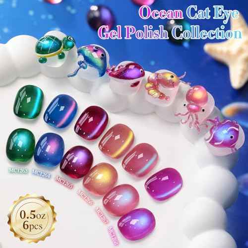 Double Rhythm Cat Eye Gel Nail Polish Set of 6 Same Color Same Bottle 0.5 Oz Shimmer Glitter with Magnet Holographic Reflective Magnetic UV Nail Polish Kit at Home (Glass Galaxy Green-T6-59)