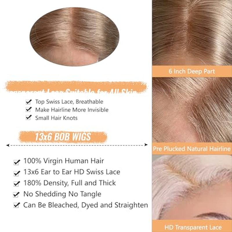 Munx Ash Blonde Bob Lace Front Wig Human Hair Pre Plucked Hairline 180% Density Short Bob HD Human Hair Wigs for Women 13x6 Deep Part Lace Front Wig Bleached Knots 8in
