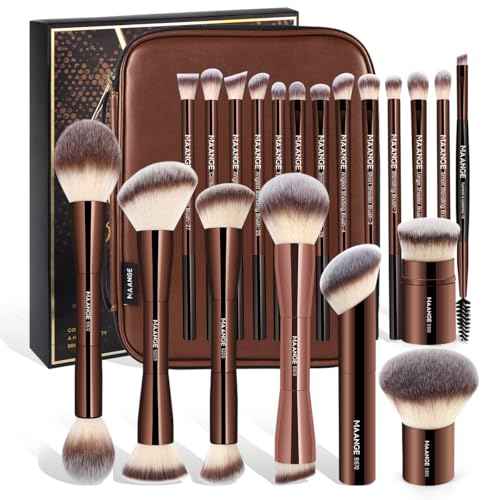 MAANGE 20 PCS Makeup Brush Set with Bag, Double-ended Kabuki Brush Foundation Contour Brush for Liquid Powder Concealer Eye Shadows Cream Cosmetics Blending Blush Face Makeup Tools with Case (Coffee)