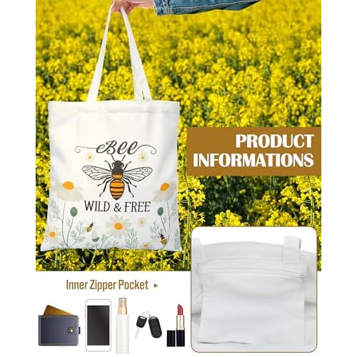 3 Pcs Bee Themed Gifts for Women Funny Honeybee Canvas Tote Bag with Zipper Makeup Bag and Socks Bee day Holiday Birthday Gifts for Mother Teachers Employee Beekeepers Lovers