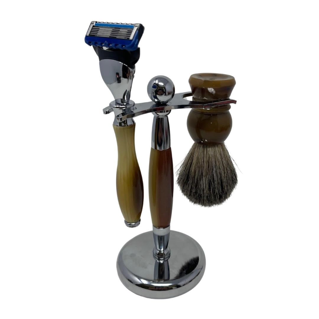 G.B.S Men’s Complete Shaving Set, Brush Razor Holder, Beard Oil Beard Balm, Shaving Soap, Aftershave Pure Badger Shave Brush and Manual Razor with Horn Handle