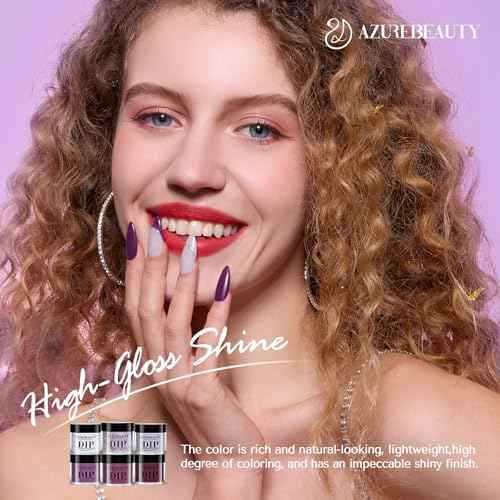 AZUREBEAUTY Dip Powder Nail Set, 6 Colors Christmas Purple Rose Red Glitter Natural Dipping Powder Starter Kit, French Nail Art Manicure DIY Salon, No Need Nail Lamp Cured