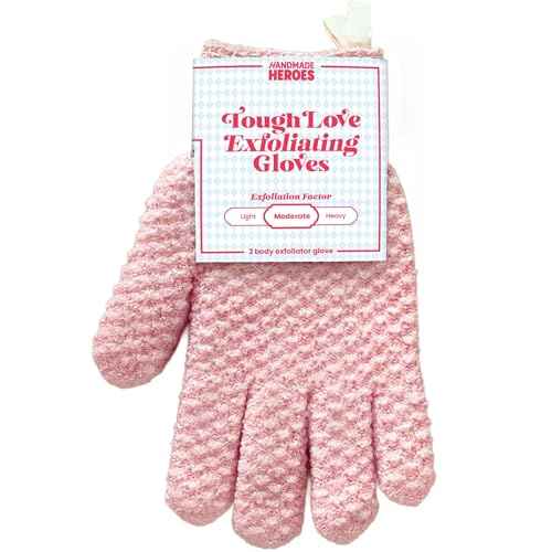 Handmade Heroes Tough Love Exfoliating Gloves ? 2pc Reusable Body Scrub Washcloth Mitt for Shower, Bath & Spa, Dead Skin Remover, Ingrown Hair & Self-Tan Exfoliator, Shower Accessories for Smooth Skin