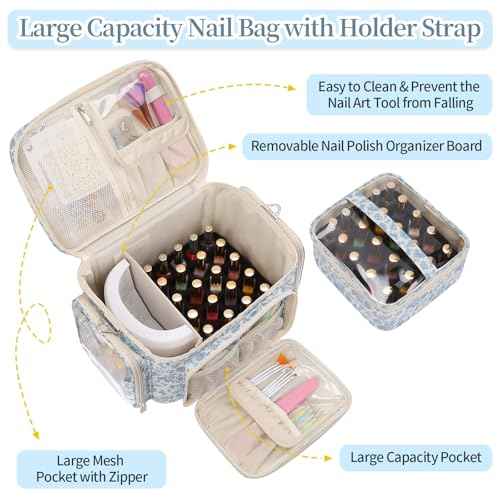 Nail Polish Organizer, Nail Polish Storage Holds 42+ Bottles & Nail Lamp, Portable Travel Nail Kit Storage Carrying Case Fits Nail Suppiles, Gift for Manicurist, Grils - Blue Flower