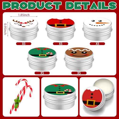 25 Pcs Christmas Peppermint Flavor Lip Balms Gifts Tins Bulk Peppermint Candy Flavor Lip Balms Elf Christmas Party Gifts Favors Stocking Stuffers Bulk for Coworkers Staff Employee(Casual Style)