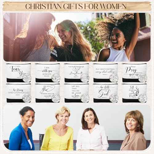 Kacctyen 20 Pcs Christian Gift for Women Bulk 10 Inspirational Religious Canvas Makeup Bag 10 Mini Christian Compact Mirrors Religious Gifts for Pastor Church Christmas Thanksgiving Gifts(Classic)