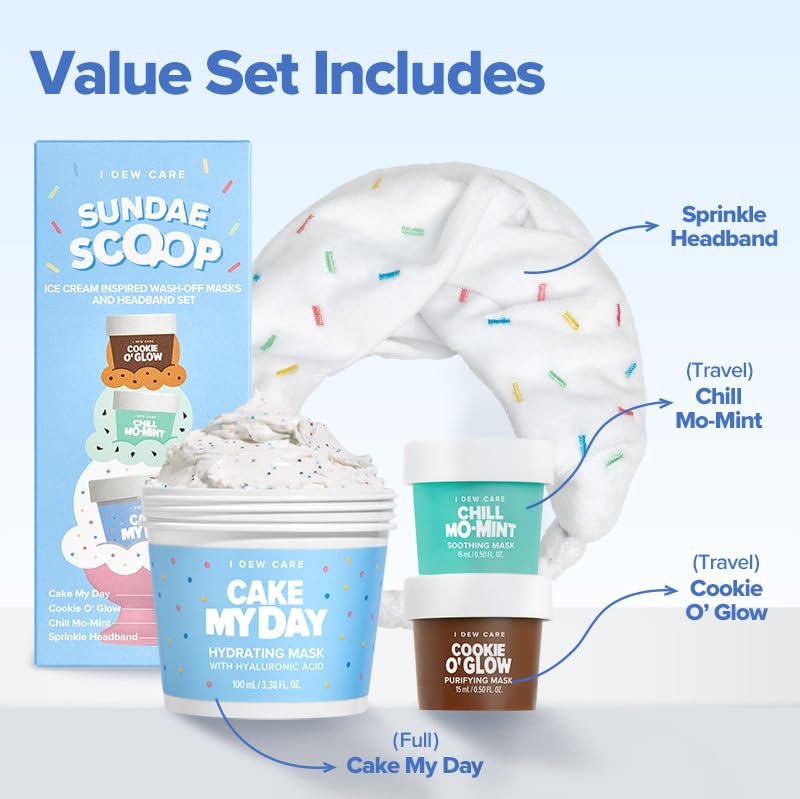 I DEW CARE Wash Off Face Mask Set - Sundae Scoop | Hydrating & Soothing Skincare Kit for Teens