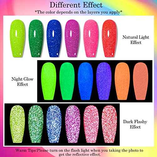MEET ACROSS Luminous Reflective Gel Polish, Glow in Dark Gel Nail Polish, Reflective Glitter Nail Polish with Nail Brush, Neon Color Shiny Disco Luminous Polish for DIY Manicure Nail Art Salon
