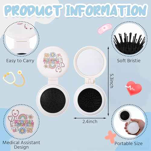 Meanplan 12 Pcs Medical Assistants Gifts Bulk MA Folding Hairbrushes with Mirror Medical Assistant Appreciation Gifts for MA Week Doctor Nurse Accessories Christmas Party Favor