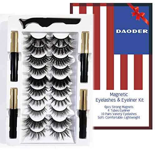 DAODER Magnetic Eyelashes with Eyeliner Kit 15pcs Set, 6 Magnets Lashes with Applicator 10 Pairs Variety Wispy Magnetic Lashes D Curl Look Like Extensions, No Glue, Reusable