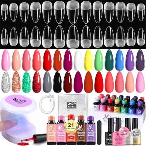 LAVENDER VIOLETS Gel Nail Kit 240 Pcs Short Almond Nail Tips Extension, 21 Gel Colors with Portable U V Light, Nail Glue Base/Glossy/Matte Top Coat for Women Girls VC17