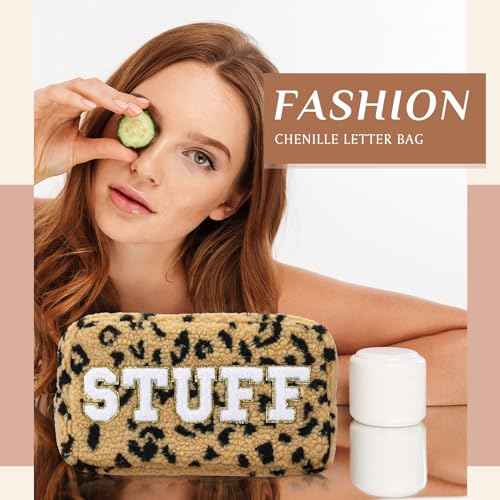 Paterr 4 Pcs Chenille Letter Preppy Patches Makeup Bag Plush Fuzzy Makeup Pouch Hair Skin Face Stuff Bag Large Cosmetic Purse Zipper Travel Toiletry Kit for Spring Gift(Brown Colors)