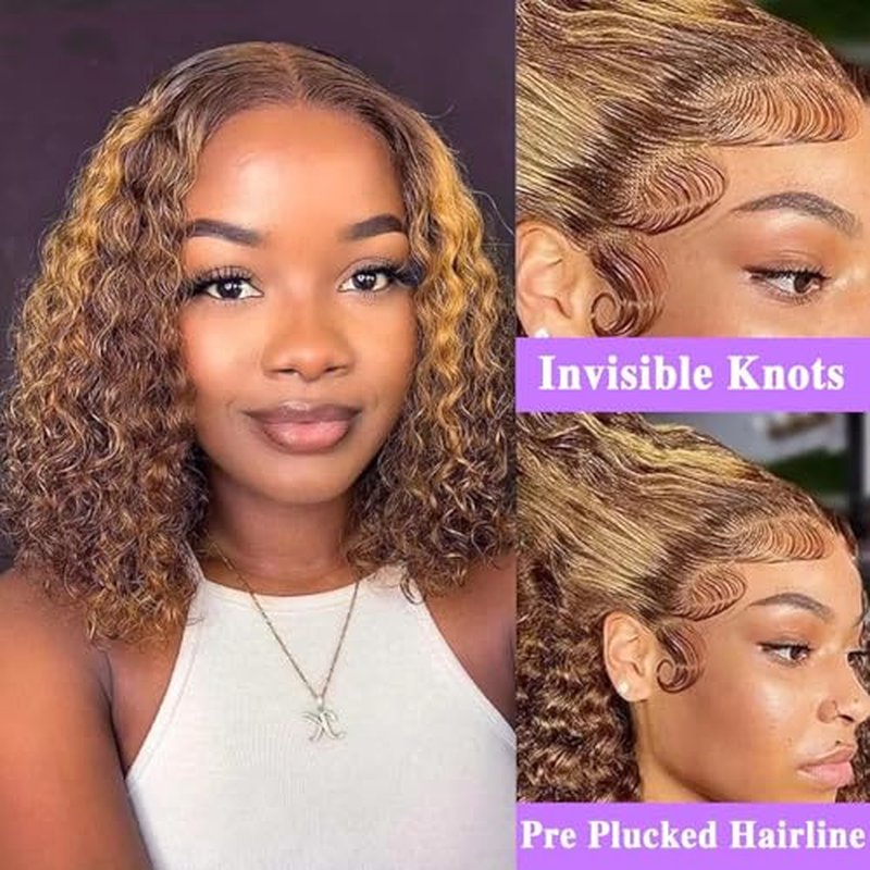 Highlight Bob Curly Wigs Human Hair 13x4 HD Lace Frontal Wig Ombre Bob Lace Front Wigs Human Hair Pre Plucked With Baby Hair 4/27 Ombre Bob Wigs Human Hair180% Density 12 Inch