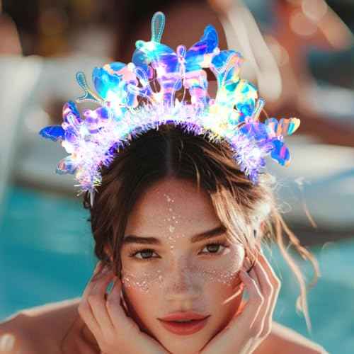 JONKY Light Up Butterfly Headband Glowing Mermaid Hair Band Rave Costume Hair Accessories for Women