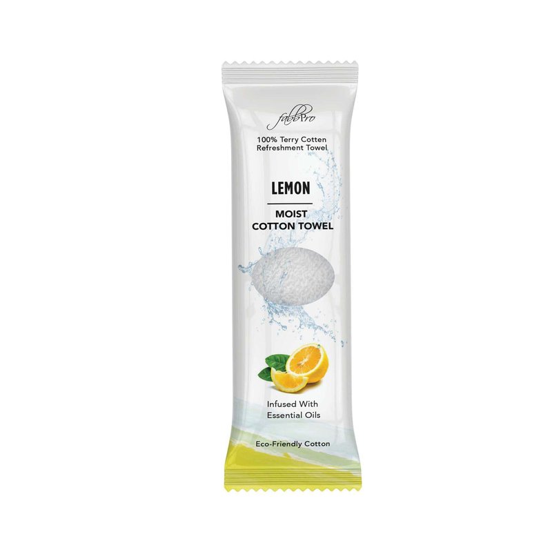 FabbPro Oshibori Moist Terry Cotton Refreshment Towels (25 Pack, 8 x 8 Inches) - White Scented Pre-moistened Essential Oil Infused Towel to Use Hot or Cold - Lemon Scent