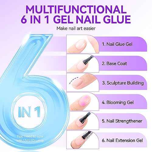 Gelike EC Gel Nail Glue for Press On Nails: 6 in 1 Strong UV Nail Glue for Nail Tips and Acrylic Fake Nail - Long Lasting 28 Days Quick Dry - Beginner Friendly DIY for Home Salon