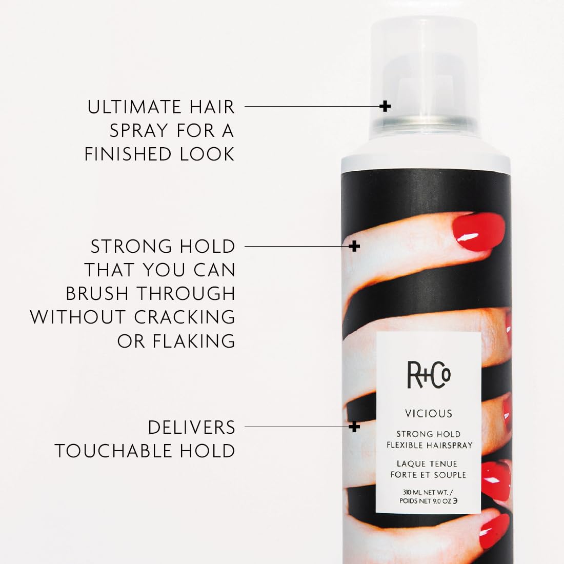 R+Co VICIOUS Strong Hold Flexible Hairspray – Long-Lasting Hold & Flexibility, Controls Frizz & Adds Shine, All Hair Types