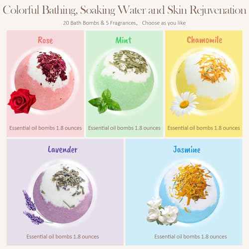 Bath Bombs Set for Women, 20 PCS Natural Argan Oil & Organic Oil Dry Skin Moisturize, 5 Different Scents, Perfect for Bubble Spa Bath, Ideal Gifts for Women, Girls, Wife, Mother