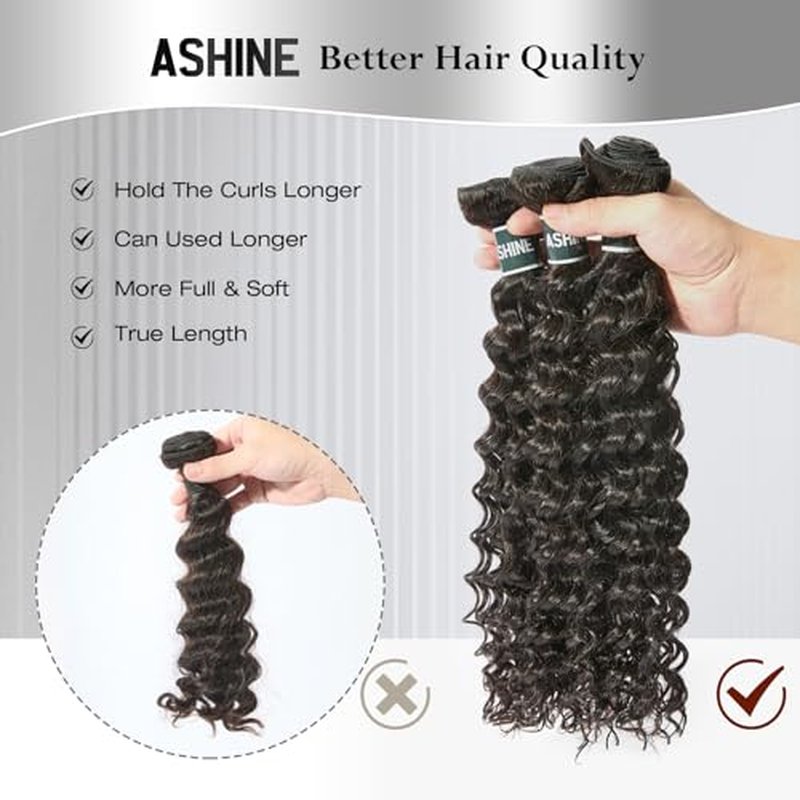 ASHINE Human Hair Bundle Deep Wave Unprocessed Cambodian Raw Hair 16 Inch, Flip Over Quick Weave Wet and Wave Bundles for Women Natural Black