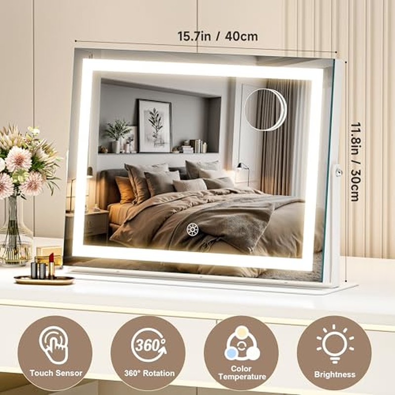MINISO Vanity Mirror with Lights-15.7" x 11.8" LED Makeup Mirror, 3 Color Modes Touch Control and Brightness Adjustment Lighting Mirror, 10X Magnifying Glass, 360¡Æ Rotation