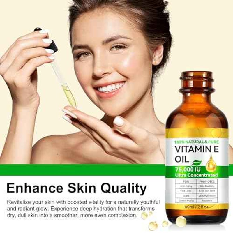 Vitamin E Oil Blend 75,000 IU, Pure Vitamin E Oil for Skin, Scars, Nails and Scalp, Hydrating Dry Skin, Face and Body Moisturizer, Reduce Stretch Marks, Fine Lines & Wrinkles, 2Fl Oz