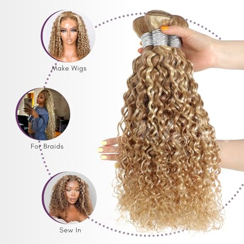 27/613 Ombre Blonde Bundle Human Hair Water Wave, 13A Grade Highlighted Multi-Blonde Human Hair Wet n Wavy Curly Single Bundles 100% Raw Brazilian Silky Colored Hair Weaves Extension 14 Inch